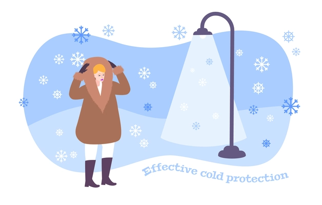 Fur coat concept with effective cold protection symbols flat vector illustration