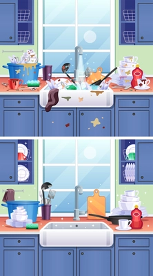 Dirty kitchen composition with plates cups and ladle flat vector illustration