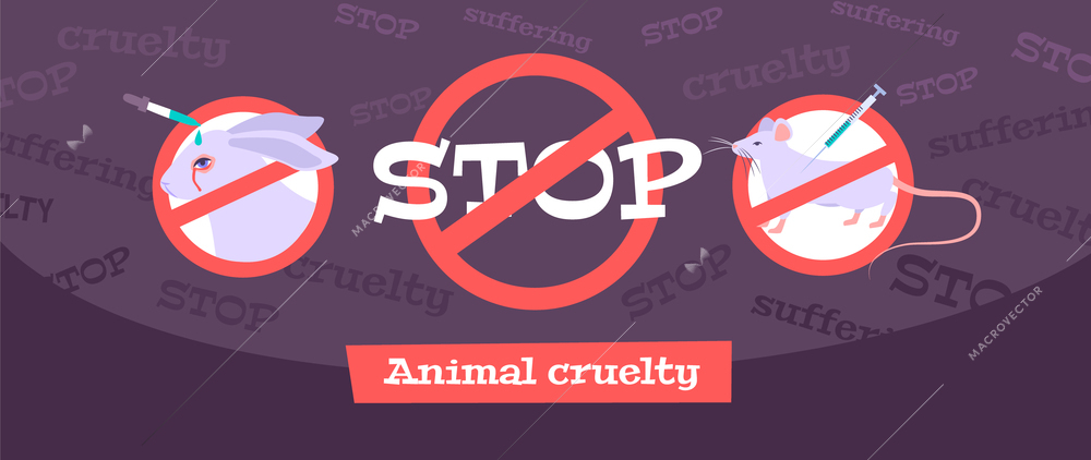 Animal testing concept with animal cruelty symbols flat vector illustration