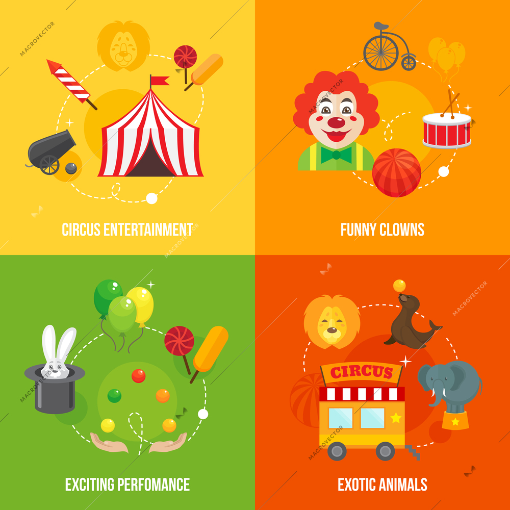 Four retro travel circus funny clown entertainment performance with exotic animals icons composition concept flat vector illustration