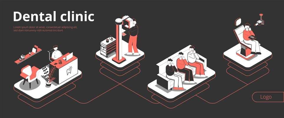 Dental clinic isometric flowchart with reception waiting room xray patient in dentist chair black background vector illustration