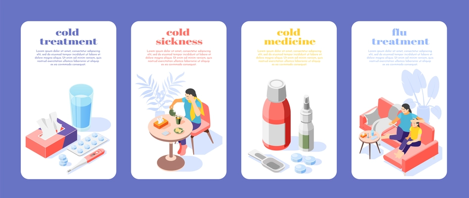 Flu cold treatment 4 isometric posters set with sick people medicine nasal spray pills thermometer vector illustration