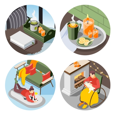 Cozy danish lifestyle concept 4 round isometric composition elements with burning candles book fireplace plaid vector illustration