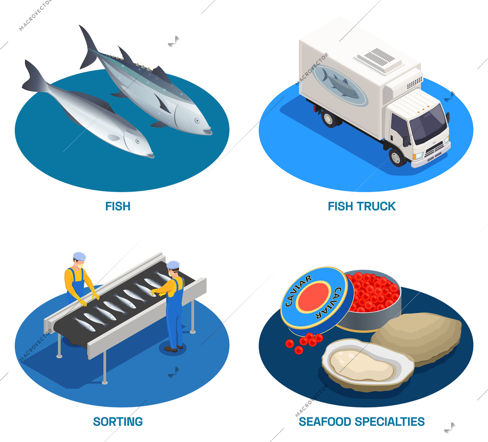 Fish industry seafood production isometric set of round compositions with fishes delivery truck and ready products vector illustration