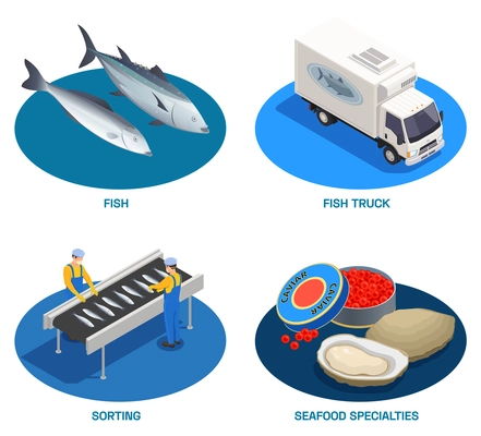 Fish industry seafood production isometric set of round compositions with fishes delivery truck and ready products vector illustration