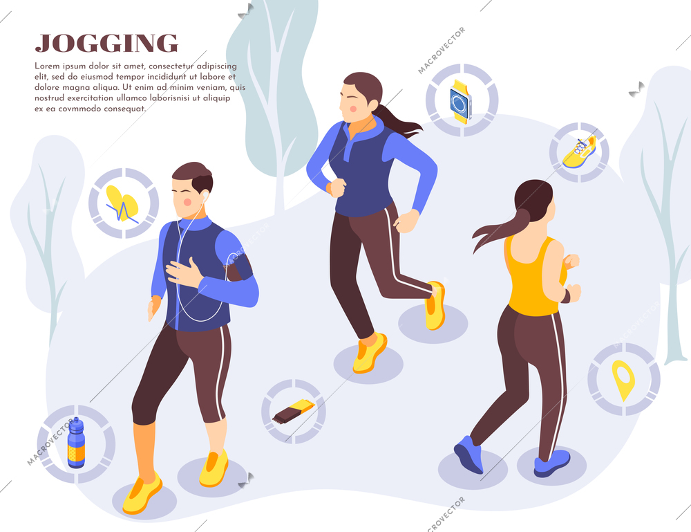 Jogging outdoor isometric background composition with running shoes water bottle fitness activity tracker icons vector illustration