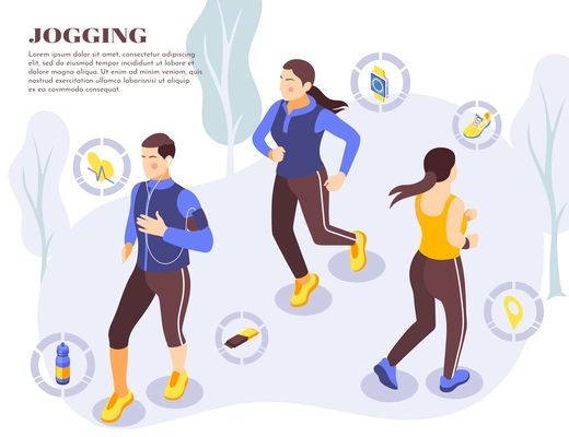 Jogging outdoor isometric background composition with running shoes water bottle fitness activity tracker icons vector illustration