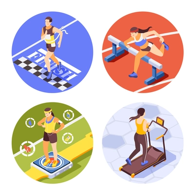 Jogging running training sprinting 4 round isometric compositions with race finish hurdling vr fitness experience vector illustration