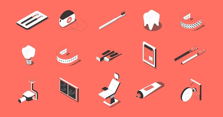Dentistry isometric icons set with tooth implant prothesis orthodontic chair tools x-ray red background vector illustration