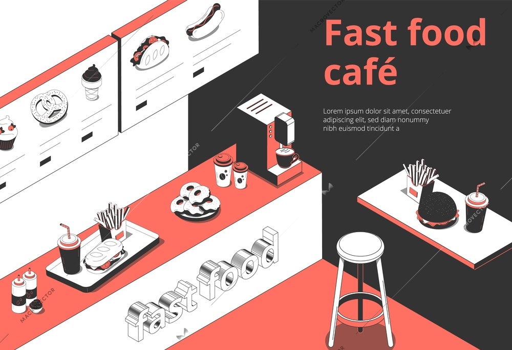 Fastfood cafe interior isometric composition with digital menu board counter order tray french fries donuts vector illustration