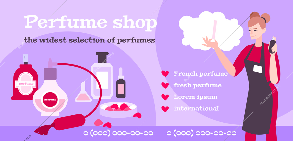 Perfume shop poster with international brands symbols flat vector illustration