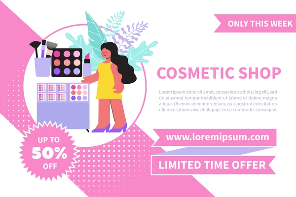 Cosmetic shop horizontal banner with editable advertising text discount and female character with beauty product images vector illustration