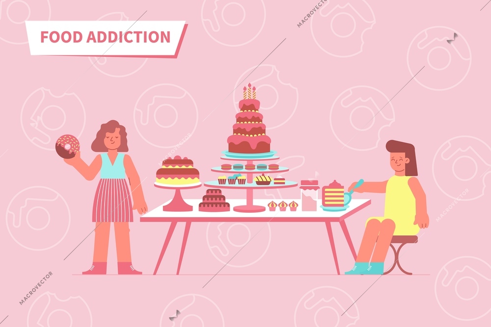 Food addiction love composition with text and flat images of table full of sweets with people vector illustration