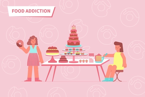 Food addiction love composition with text and flat images of table full of sweets with people vector illustration