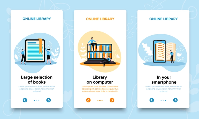 Online library vertical banners set with editable text page switch buttons with arrows and doodle images vector illustration