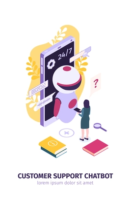 Isometric customer support faq composition with text and human communicating with robot in front of smartphone vector illustration