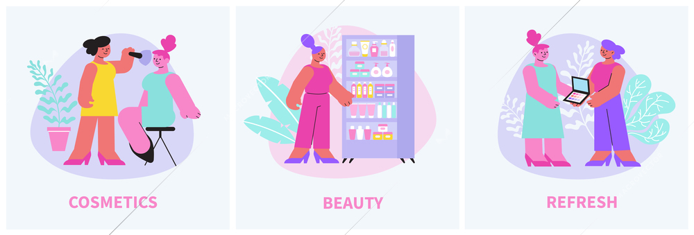 Cosmetic set of three square compositions with text and doodle style female characters with beauty products vector illustration