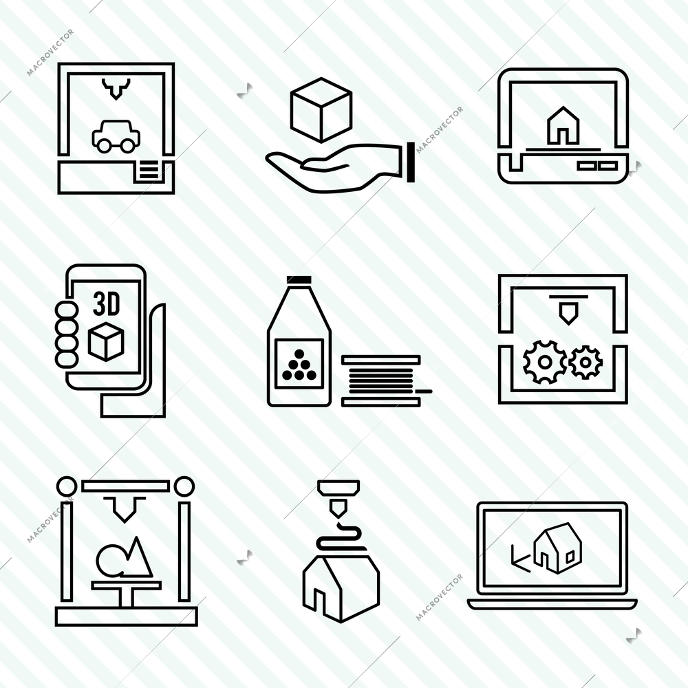 Printer 3d outline icons set of manufacturing production process isolated vector illustration