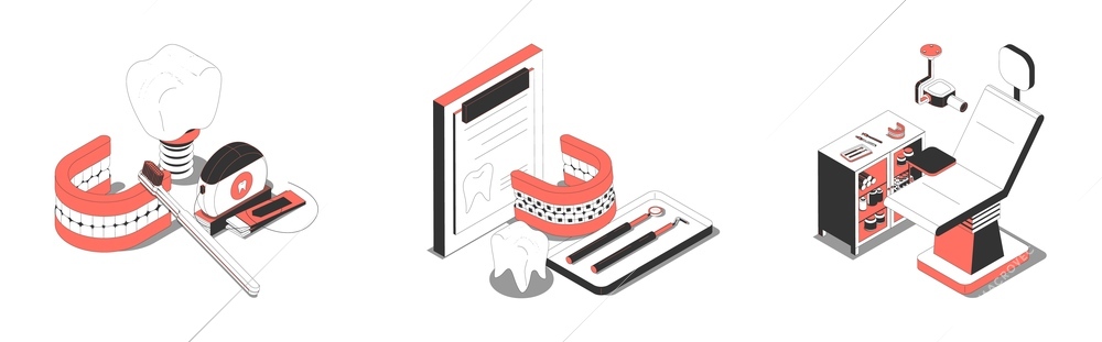Dental prothesis crown missing teeth reconstruction implant orthodontic chair equipment 3 isometric compositions set isolated vector illustration