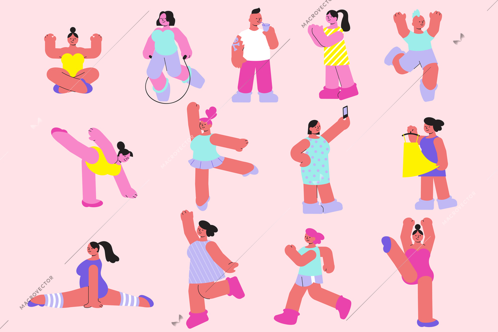 Body positive set of flat doodle style human characters with various poses and shapes of body vector illustration