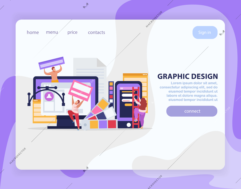 Graphic design flat landing page with links and bit violet button connect vector illustration