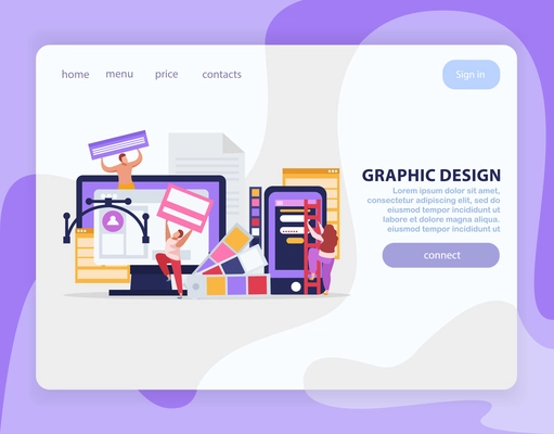 Graphic design flat landing page with links and bit violet button connect vector illustration