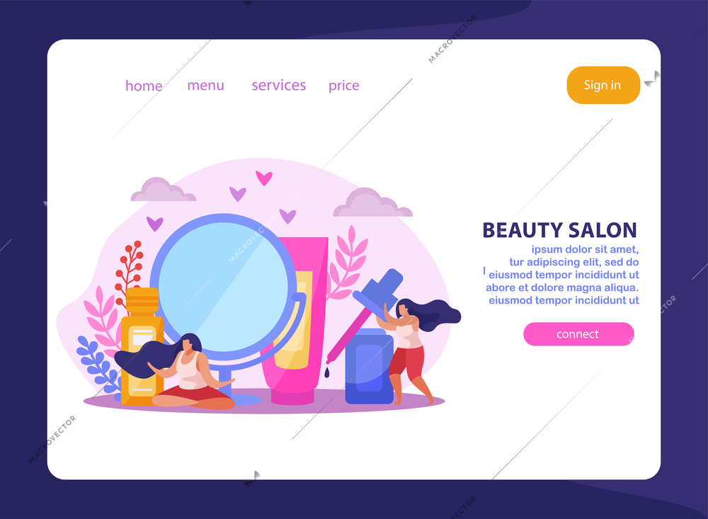 Beauty salon flat composition or landing page with links and connect button vector illustration