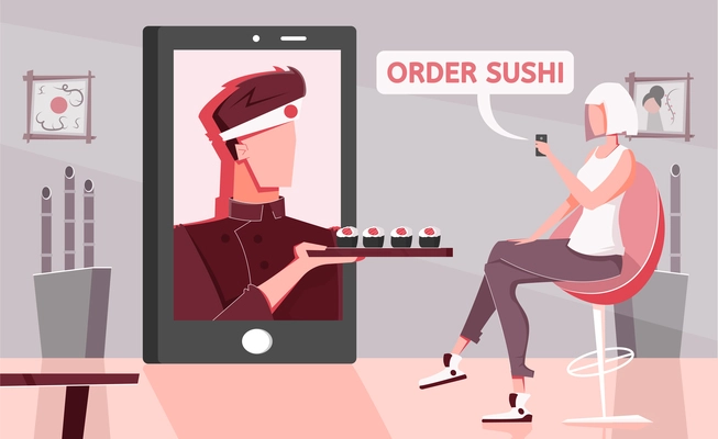 Sushi online flat composition with home scenery and female character ordering asian food with smartphone screen vector illustration
