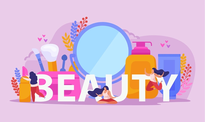 Beauty salon flat composition with big headline two girls and big abstract beauty tools vector illustration