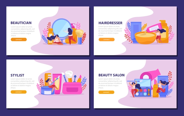 Beauty salon flat banner set or landing page with beautucan hairdresser stylist headlines vector illustration