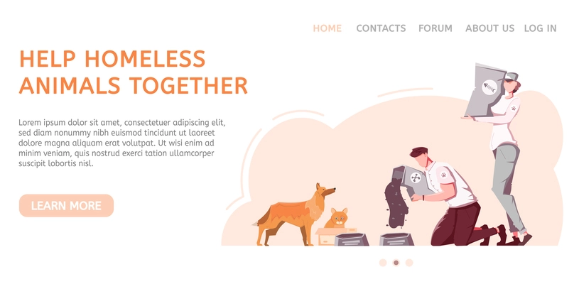 Homeless animal horizontal banner with flat images of people with pets and clickable links with text vector illustration