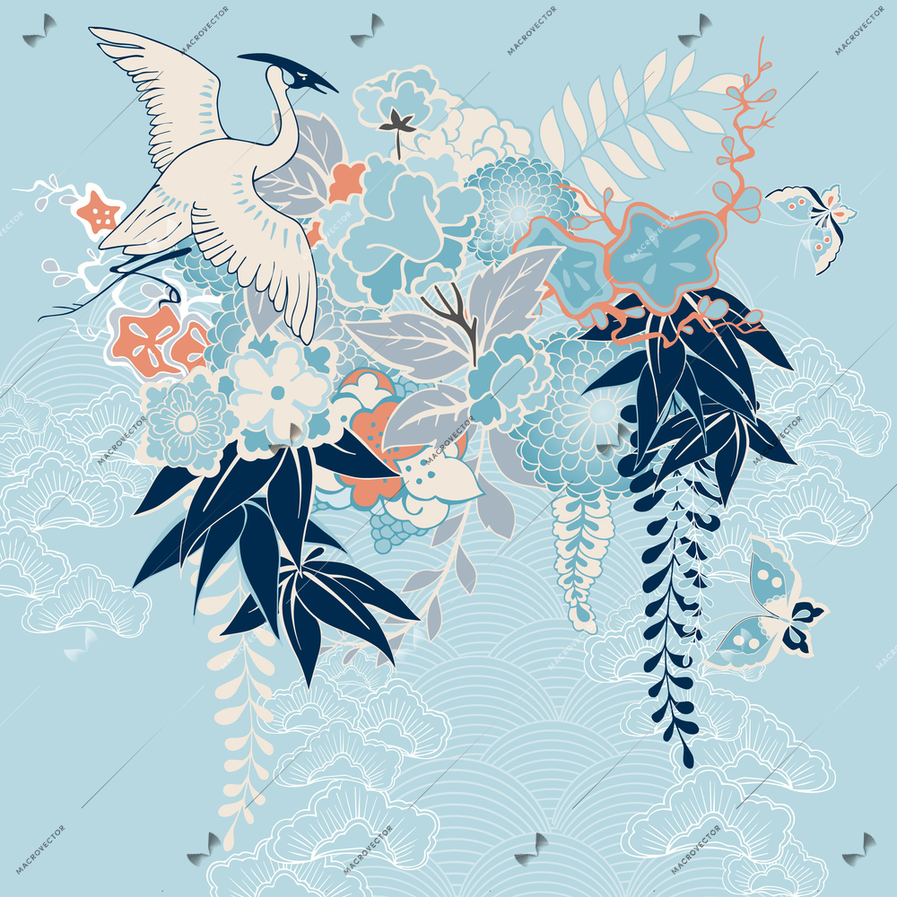 Japanese kimono motif with crane and flowers vector illustration
