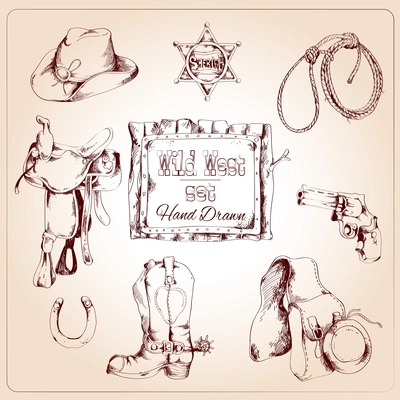 Wild west cowboy hand drawn set with saddle sheriff badge horseshoe isolated vector illustration