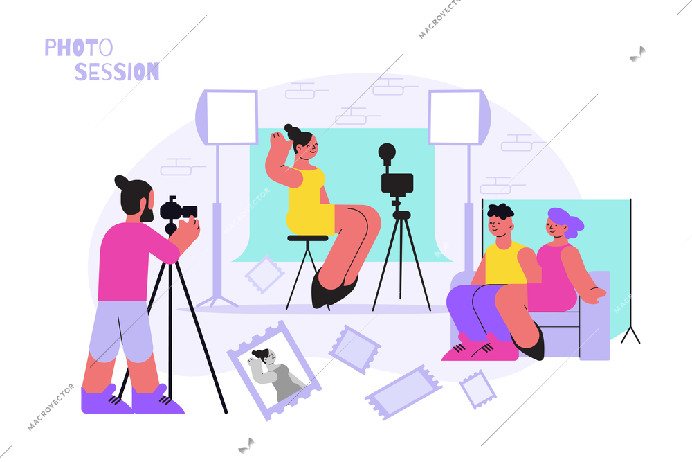 Photo session studio flat composition with lighting rig and screens with doodle human characters and text vector illustration