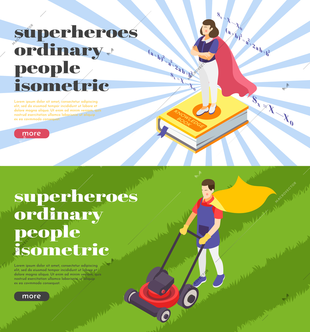 Ordinary people superheroes 2 background isometric web banners with science teacher and gardener wearing cape vector illustration