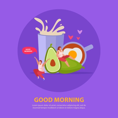 People with breakfast flat poster two people sits on abstract avocado and says good morning vector illustration