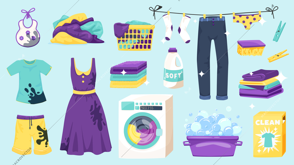 Laundry set of isolated icons and colourful goods images with hanging drying clothes and washing machine vector illustration