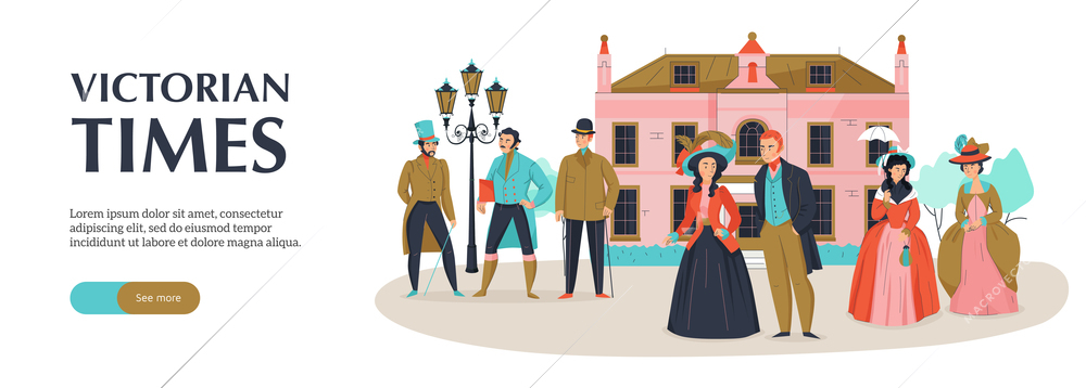 18th 19th century victorian old town fashion horizontal banner with editable text button and medieval scenery vector illustration