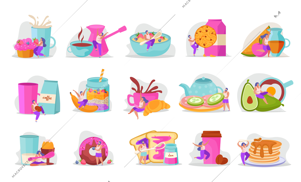 People with breakfast flat recolor icon set bright colors and adstract forms vector illustration