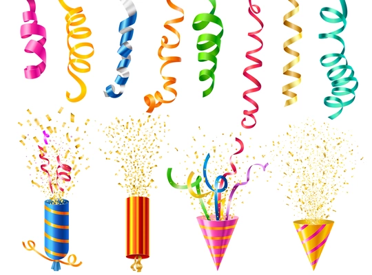 Colorful party poppers and serpentine set on white background realistic isolated vector illustration