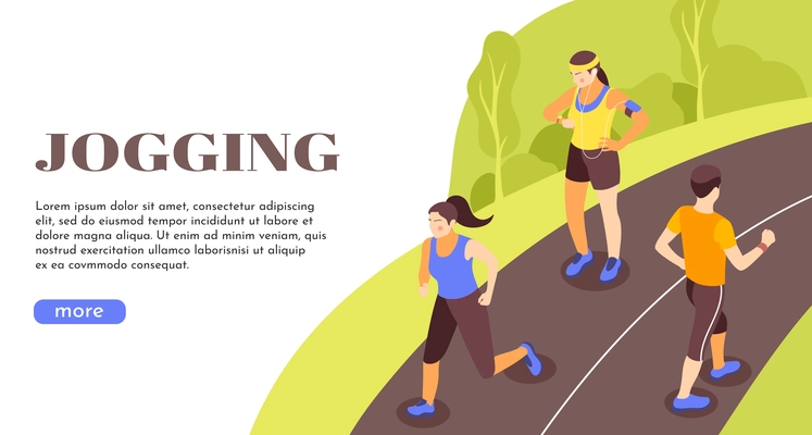 Jogging outdoor active lifestyle promotion isometric landing page web banner with rural road running people vector illustration
