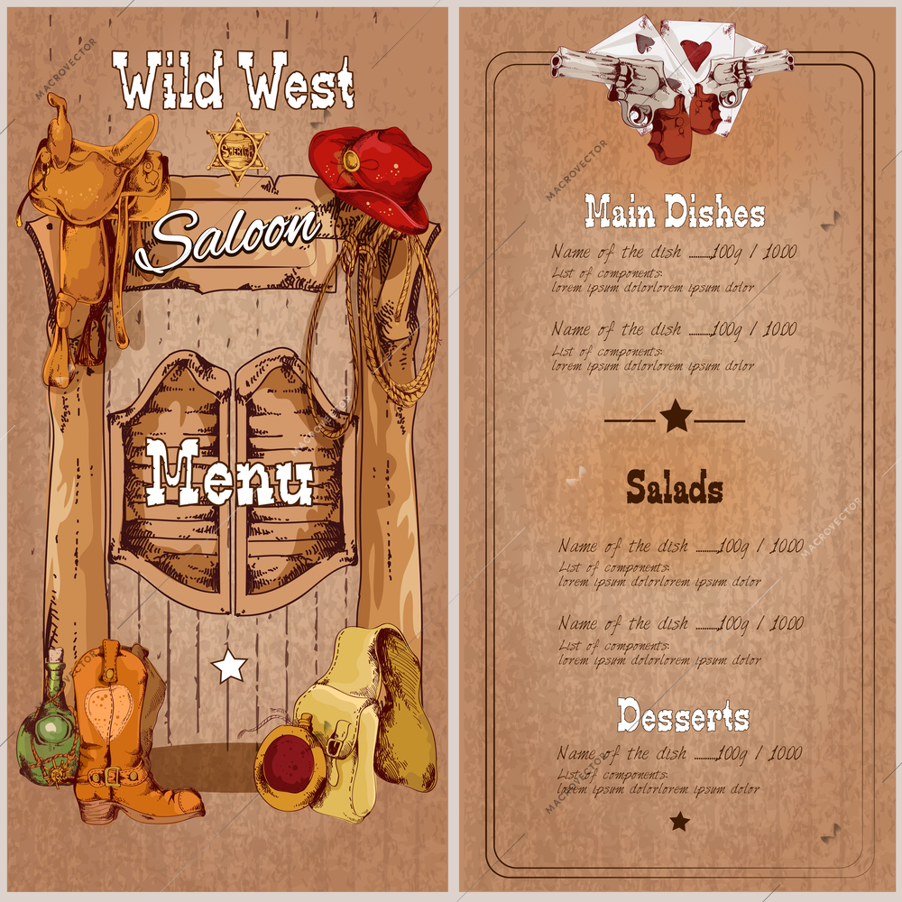 Wild west saloon restaurant menu template with saddle cowboy hat sheriff badge vector illustration