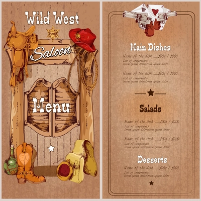 Wild west saloon restaurant menu template with saddle cowboy hat sheriff badge vector illustration