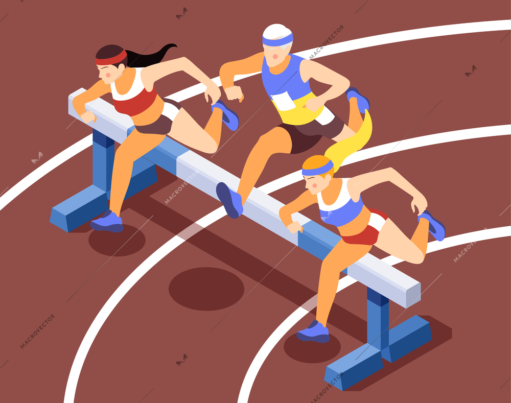 Sport track race competition isometric background compositions with sprinting athletes running hurdles jumping over obstacles vector illustration