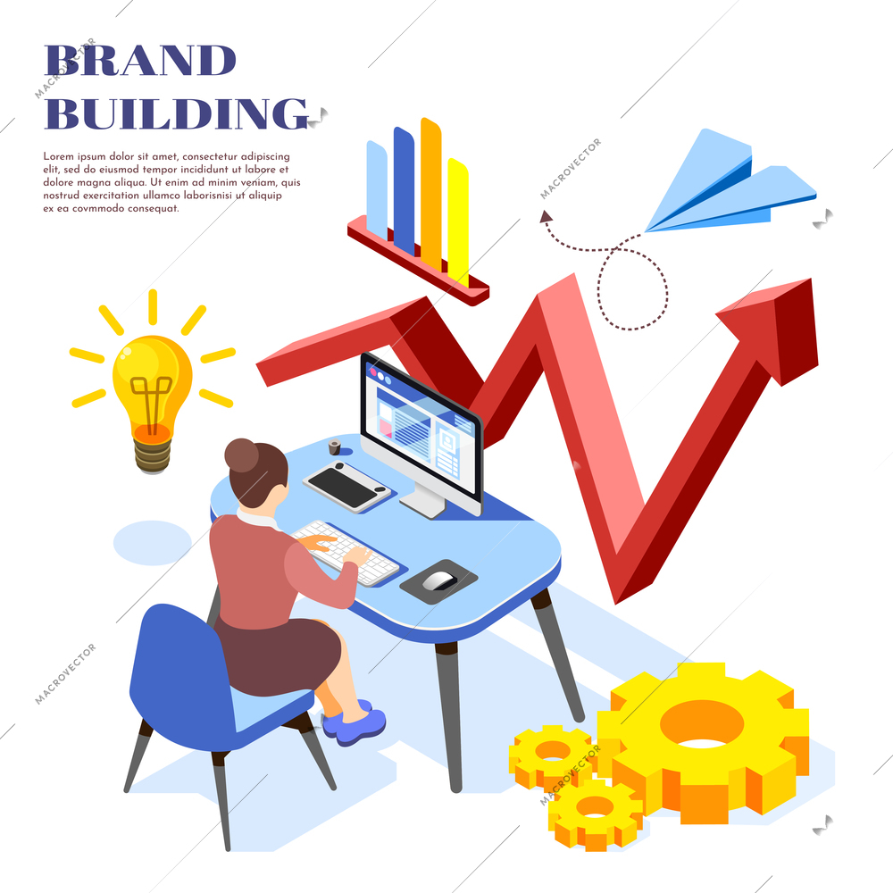 Brand building ideas isometric background composition with women analyzing revenue growth diagram on computer screen vector illustration