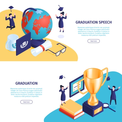 Isometric graduation banners set with books and elements of workspace with editable text and clickable button vector illustration