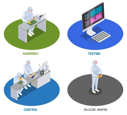 Semiconductor chip production isometric set of four isolated compositions with human characters of workers and computers vector illustration