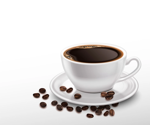 Realistic background with white porcelain cup of black coffee and beans vector illustration