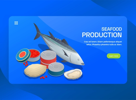 Fish industry seafood production isometric horizontal banner with images of packed products editable text and button vector illustration