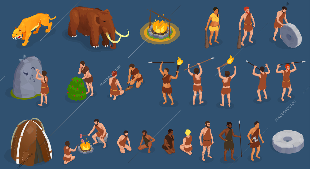 Caveman prehistoric primitive people set of isolated human characters armed with pikes wild animals and bonfire vector illustration